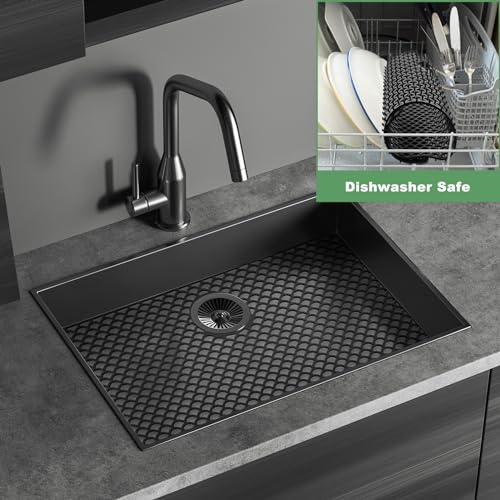 Sink Protectors for Kitchen Sink - Large 28.4\"x 15\" with Rear Drain Hole Heat Resistant Easy Clean Non-slip Silicone Kitchens Sinks Mat for Bottom of Kitchen Sinks Stainless Steel(Black)-72x38CM