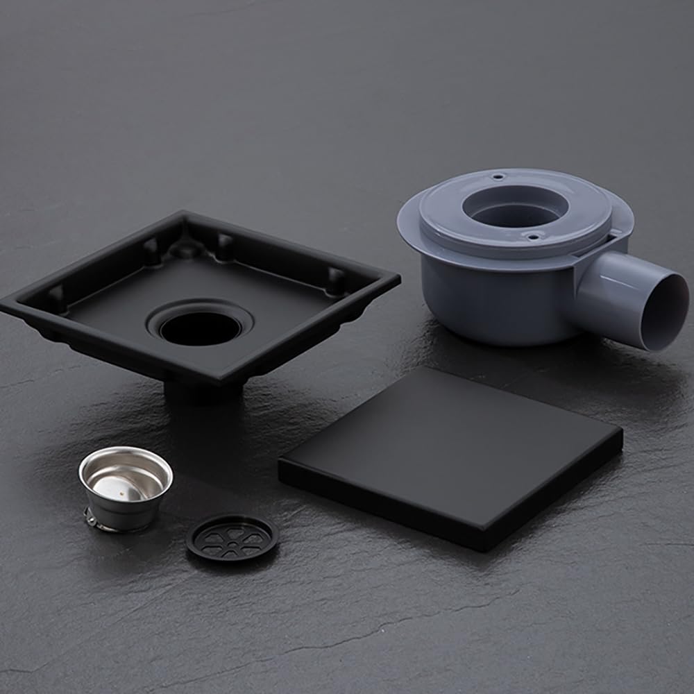 NEWFUN Piletta Doccia, 15 * 15 Piletta Doccia a Pavimento, Scarico Doccia, Inibitore di Odori, Scarico a Pavimento Invisibile, Uso Positivo e Negativo, Doppia Filtrazione, Piastrellabile (black)
