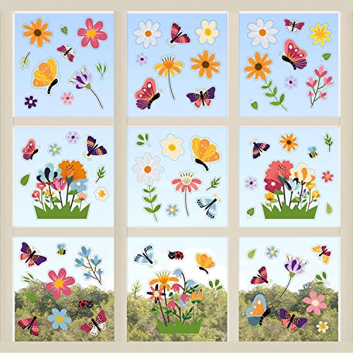WALPLUS Butterfly Window Stickers Peel and Stick Electrostatic Flower Double Sided Spring Butterflies in Flowers Meadow Spring Window Decorations 81 PCS - Image 2