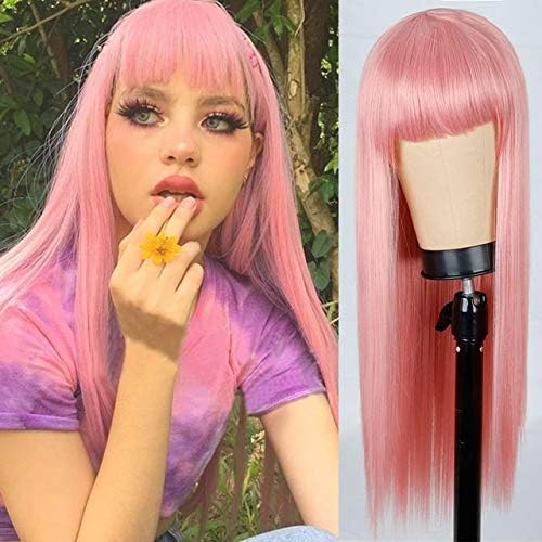 Amazon 人工毛ウィッグピンクと黒のかつらロングストレートヘアコスプレウィッグツートンカラーの女性 Color 97c Stretched Length 24inches Qxf C ビューティー 通販