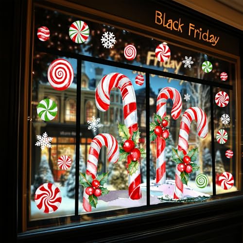 Whaline 13.8 x 35.4 Extra Large Christmas Window Clings Red Green Candy Cane Holly Berry Window Stickers Double Sided Glass Decals for Winter Xmas Home Classroom Office Party Decoration 3 Sheets