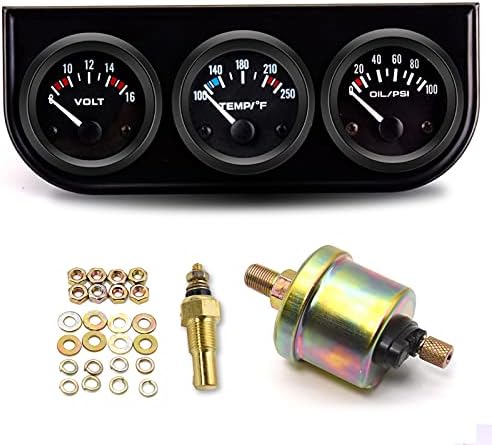 RTILAURA 52mm 3 in1 Car Auto Gauge Kit (Volt Meter+Water Temp+Oil Pressure Meter) Stainless Steel Triple Auto Dashboard Gauge Set with Black Console for 12V Cars