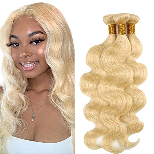 AuokMar 8A Brazilian Hair Bundles Body Wave Bundles 613 Honey Blonde Human Hair Weave 100% Unprocessed Virgin Hair 3 Bundles Brazilian Body Wave Bundle For Woman Wet Ande Wavy Bundle 14 14 14 Inch