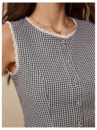 Women's Gingham Button Down Tank Tops Lace Trim Sleeveless Crew Neck Elegant Vest Top4