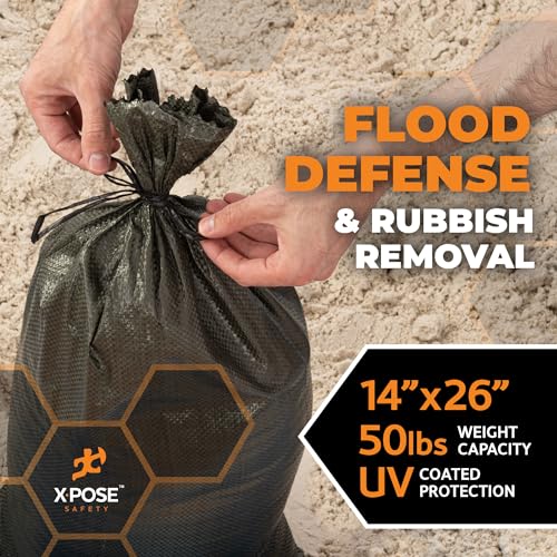 Image of Xpose Safety Heavy Duty Sand Bags with Tie Strings - Empty Woven Polypropylene Sandbags for Hurricane Flood Protection, 50 lb Capacity, 14 inch x 26 inch, Green, Pack of 1000