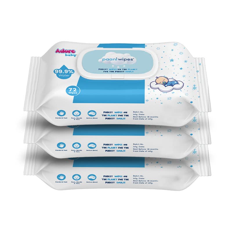 Adore Baby Water Wipes - 99.9% Paani Wipes for Baby, PH Balanced, Unscented & Skin Friendly With Sensitive Skin - 72 Count, Water Wipes, Pack Of 3 (B0C2KJ99W5) Amazon Price History, Amazon Price Tracker