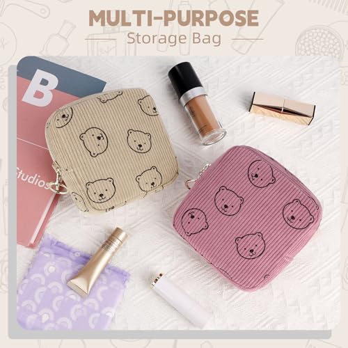 Image of Period Bag for Teen Girls, Corduroy Sanitary Napkin Storage Bag, Menstrual Pad Pouches Tampon Holder for Purse (Bears-Khaki)