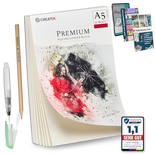 CreaTek Aquarellpapier A5 300g mit 40 Blatt [ Premium Qualität...