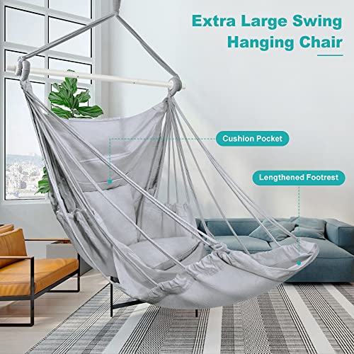 Image of Outerman Hammock Chair, Hanging Chair with 3 Cushions and Foot Rest Support, Durable Metal Spreader Bar Max 440 Lbs, Swing Chair for Bedroom, Indoor & Outdoor, Patio, Porch or Tree(Gray)