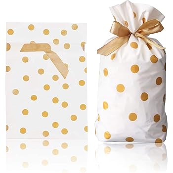 Amazon 包む ギフト袋 ラッピング 袋 リボン 付き10枚セット メッセージカード10枚 封筒10枚 封筒テープ10枚 金色水玉 M ギフトバッグ 袋 文房具 オフィス用品