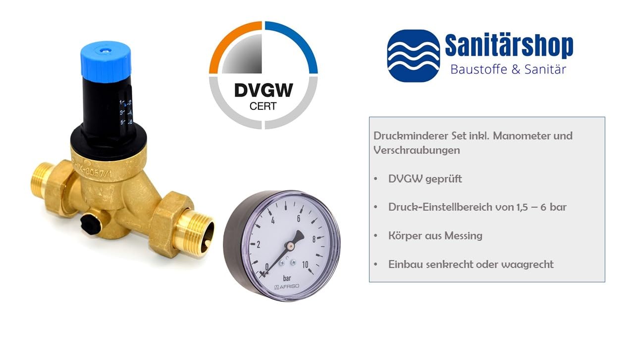 zbs24 Druckminderer für Wasser DN20-3/4 Zoll delphisXpert DRV mit Anschlussverschraubungen Aussengewinde - Handwerkerqualität DVGW geprüft - inkl. Manometer 0-10 bar