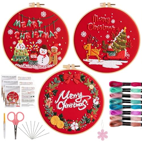 Image of Offizon 3 PCS Embroidery Kit for Beginners Stamped Christmas Red Pattern | Cross Stitch DIY Craft Set, Hoop Included, Santa Embroidery Accessories, Stitching Sewing Kit Gift for Adults