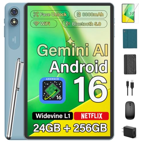 Android 10 inch Tablet with Keyboard, Android 16, 32GB+256GB+2TB-Green Case