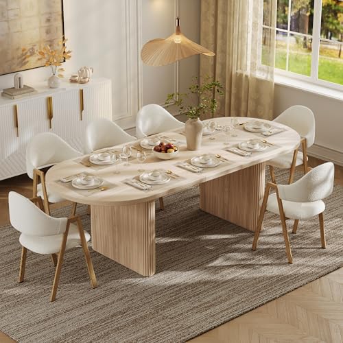 Image of homary Oval Extendable Dining Table 79 inch-94 inch, Japandi Wooden Dining Table for 6-10, Solid Wood Kitchen & Dining Room Table with Double Pedestal Base (Table Only)