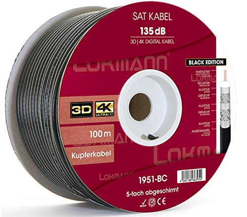 LOKMANN 135dB 100m Vollkupfer 7mm SAT Koaxial Antennenkabel 5-Fach 4K 8K UHD Black Edition Cover