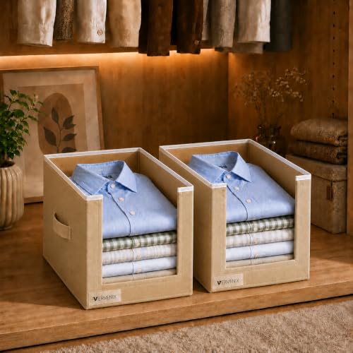 Image of VERVENIX Shirt Stacker Set of 2, Non Woven Foldable Clothes Storage Organizer with Handle, Wardrobe Closet Organizer, Space Saving Cloth Organizer for T-Shirts, Shirts, Jeans, Beige