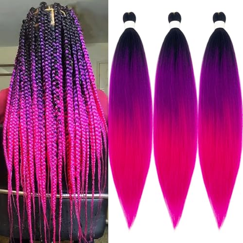 UPerfe Black Purple Pink Ombre Braiding Hair Pre Stretched 24 Inch Kids Colored Hair Extensions for Braids Hypoallergenic Organic Non Toxic Pre Sectioned Braiding Hair Ombre Synthetic Bundles 3 Packs