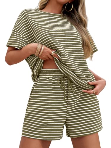 Image of Tankaneo Womens Pajama Sets Striped 2 Piece Lounge Sets Short Sleeve Oversized T Shirts Drawstring Shorts Matching Set