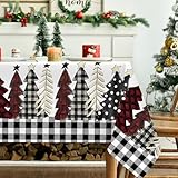 Tovaglia Natalizia Bianca 6 Posti 180x140cm, Poliestere Natale Tovaglia Antimacchia, Sottopiatti Natale Stampata Con Fiocchi Di Neve e Pini, Decorazioni Natalizie Per La Casa Centro Tavola Natalizio