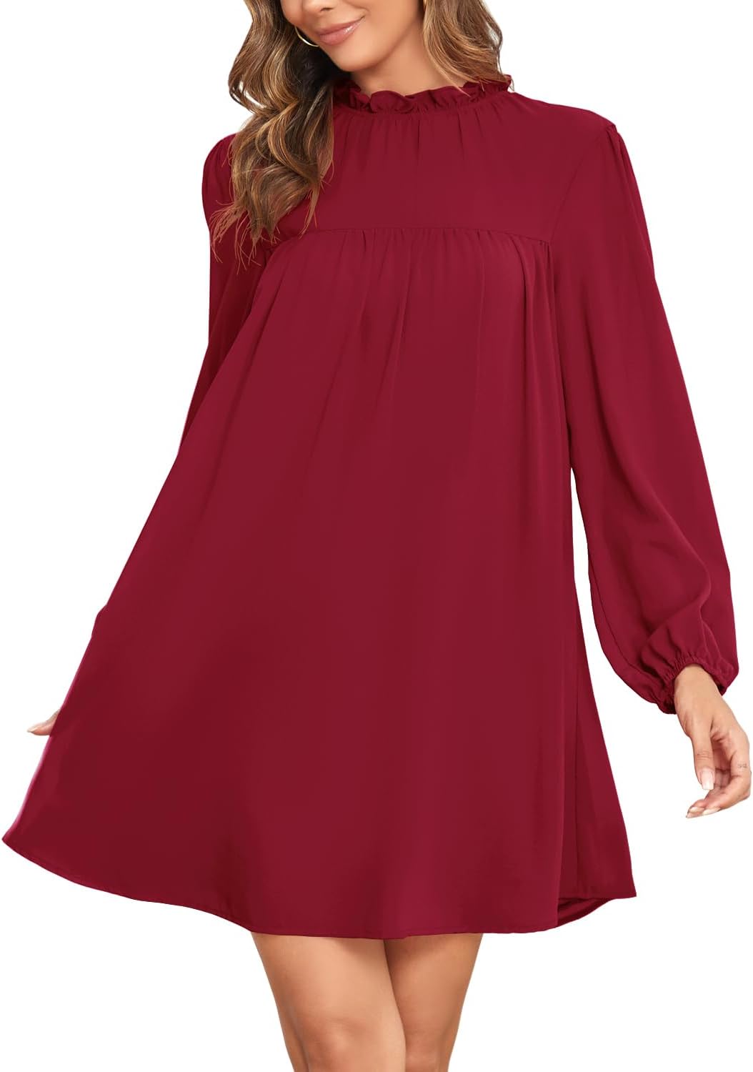 ISIHIEIWomen's Frilled Mock Neck Long Sleeve Babydoll Dress Loose Flowy Pleated Casual Mini Swing Chiffon Tunic Dresses