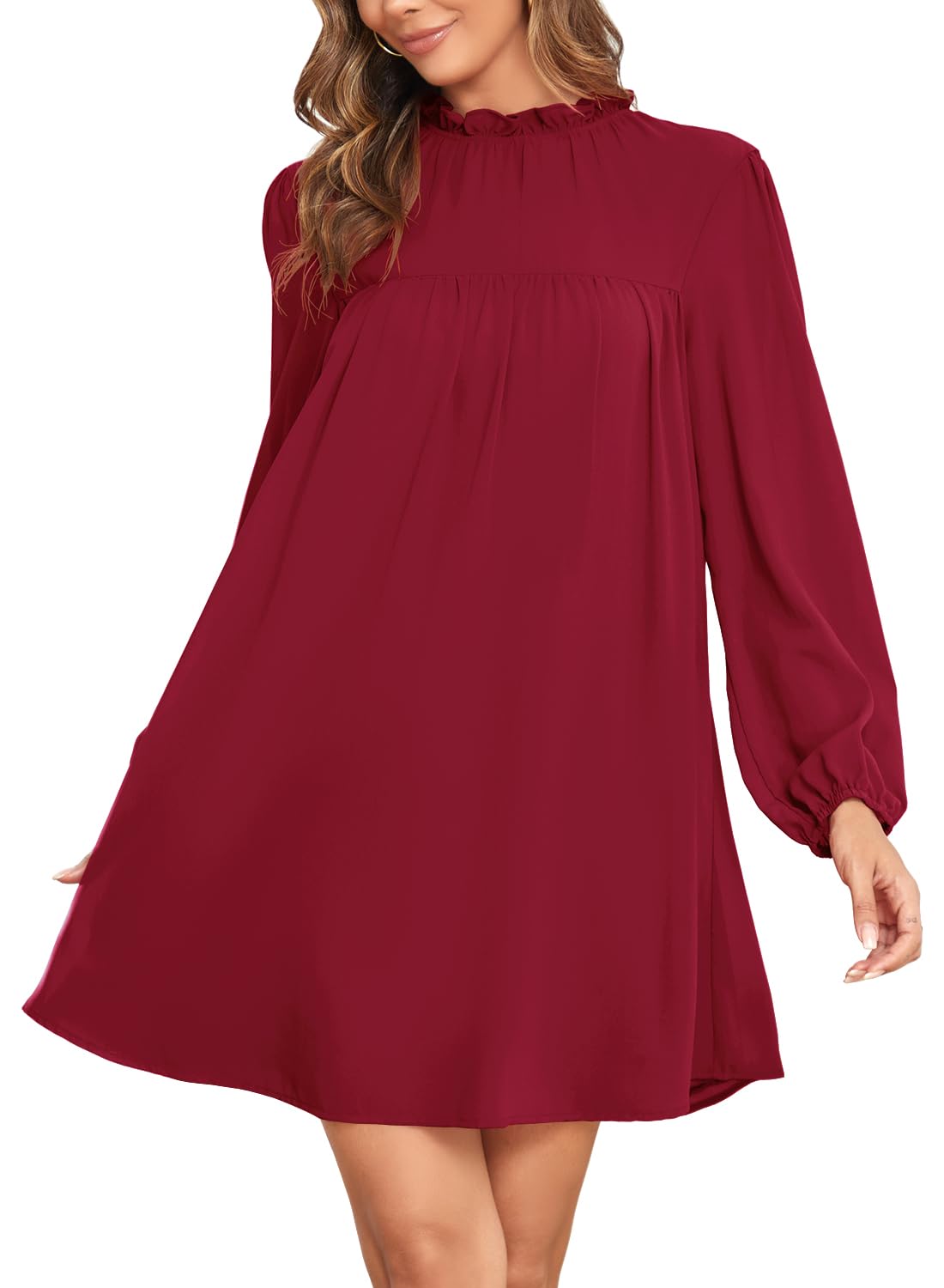 ISIHIEIWomen's Frilled Mock Neck Long Sleeve Babydoll Dress Loose Flowy Pleated Casual Mini Swing Chiffon Tunic Dresses