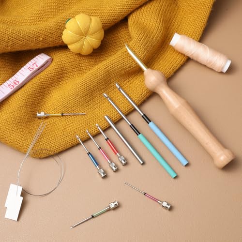 Image of VILLCASE Punch Needle Set for Embroidery with Wooden Handle Multiple Needle Sizes Craft Kit for Beginners and Adults Comfortable Grip Punch Tool for DIY Embroidery Projects