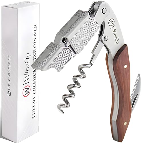 WineOp Professional Wine Opener Luxury Double Hinged Waiter's Corkscrew Wine Bottle Key - Cork screwer for Servers, Bartenders, Sommelier and Home Use | All-In-One Stainless Steel (Rosewood Handle)