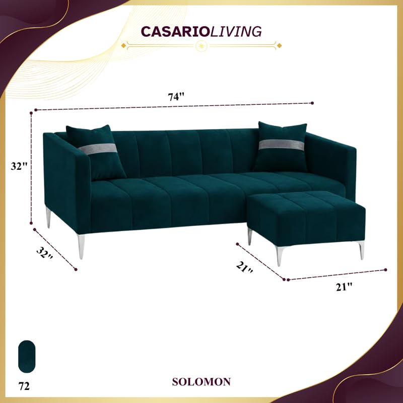 Image of Solomon 4 Seater L Shape Sofa Set with Movable Ottoman | Flexible Left or Right Layout | Luxe Velvet Suede Fabric | Comfortable Seating | Modern Sofa for Living Room - Green Teal