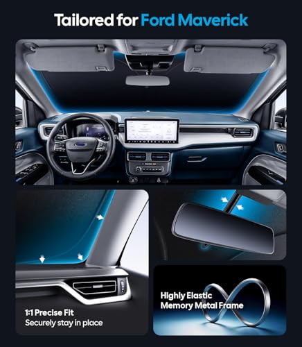 Image of Wigoo for Ford Maverick Windshield Sunshade [OEM Design, 100% Sun Blockage] Foldable Heat Insulation Sun Shade with Storage Bag, for Ford Maverick (2022-2026), Silver Coating