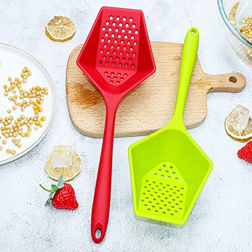 Colador Un colador se Puede Usar en cocinas domésticas con una Cuchara de Filtro de Silicona, una Pala con un Mango Largo y una Fuga. (Color : Green)