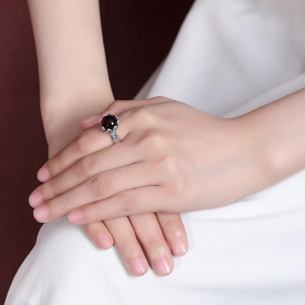 HMJGDHX Ring aus S925-Silber mit rundem Lotusblatt-Perlenring aus natürlichem rotem Bernstein (verstellbare Öffnung), Ring für Damen, echte Jade