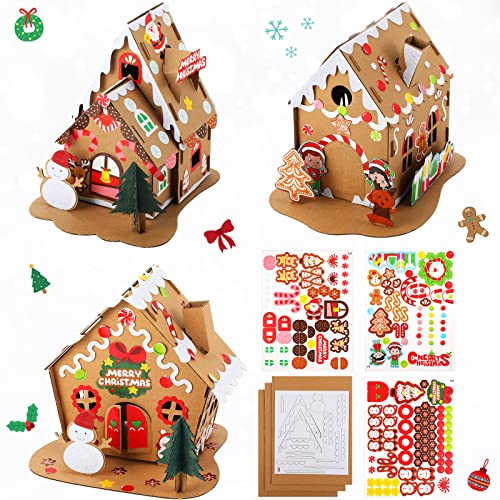 Christmas Craft Kit Christmas Gingerbread House Kit Sets of 3 Christmas Craft House Make-a-Gingerbread House Craft for Boy Girl Christmas Party Game Craft Supplies (Classic Style)