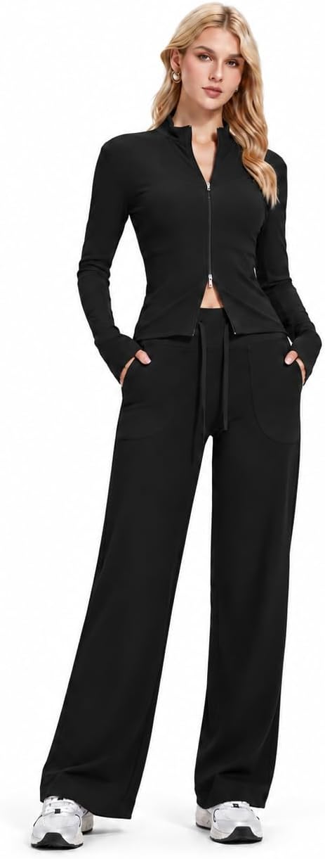 Women's Tall 2 Piece Travel Set, Fitted Zip Jacket and Wide Leg Pants
