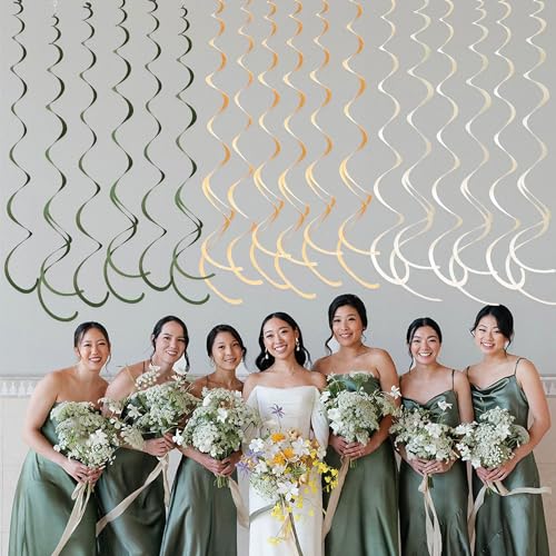 Image of 36Pcs Sage Green Hanging Swirl Decoration Olive Green Tan Brown Cream Neutral Felt Swirl Streamer Spiral Ceiling Garland for Greenery Safari Jungle Woodland Birthday Wedding Party Supplies