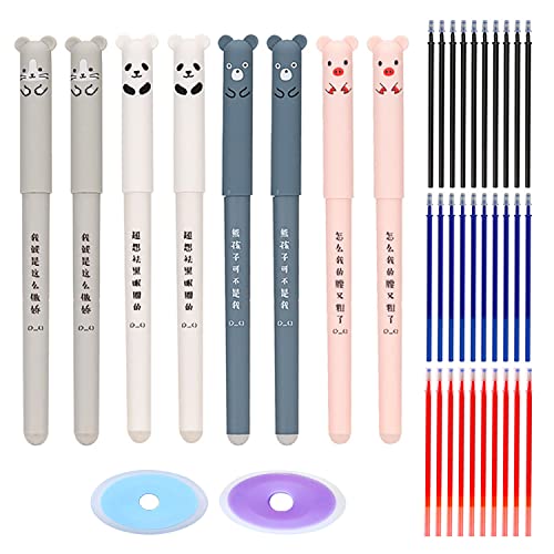 YHUIKXIN Canetas de gel apagáveis, 8 peças tinta gel caneta 0,35 canetas de animais com 30 peças e 2 borrachas apagar para escritório escola papelaria estudantes (azul, preto, vermelho)