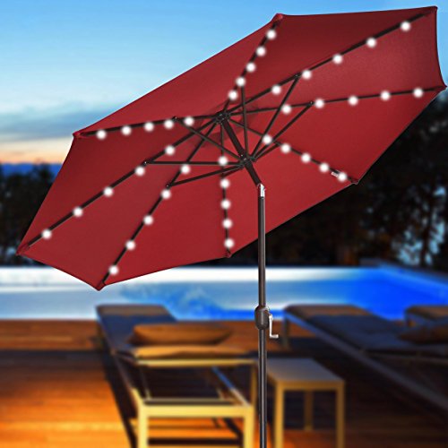 SNAIL 9 feet Solar Powered LED Patio Umbrella with 32 Lights, Illuminated Outdoor Aluminum Market Umbrella with Push Button Tilt, Burgundy - Thumbnail 7