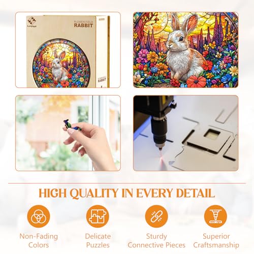 Rompecabezas de madera para adultos, Conejo en campo de flores, puzzle de madera con forma de animal único, 300 piezas, 13.4 x 13.4 pulgadas miniatura 5