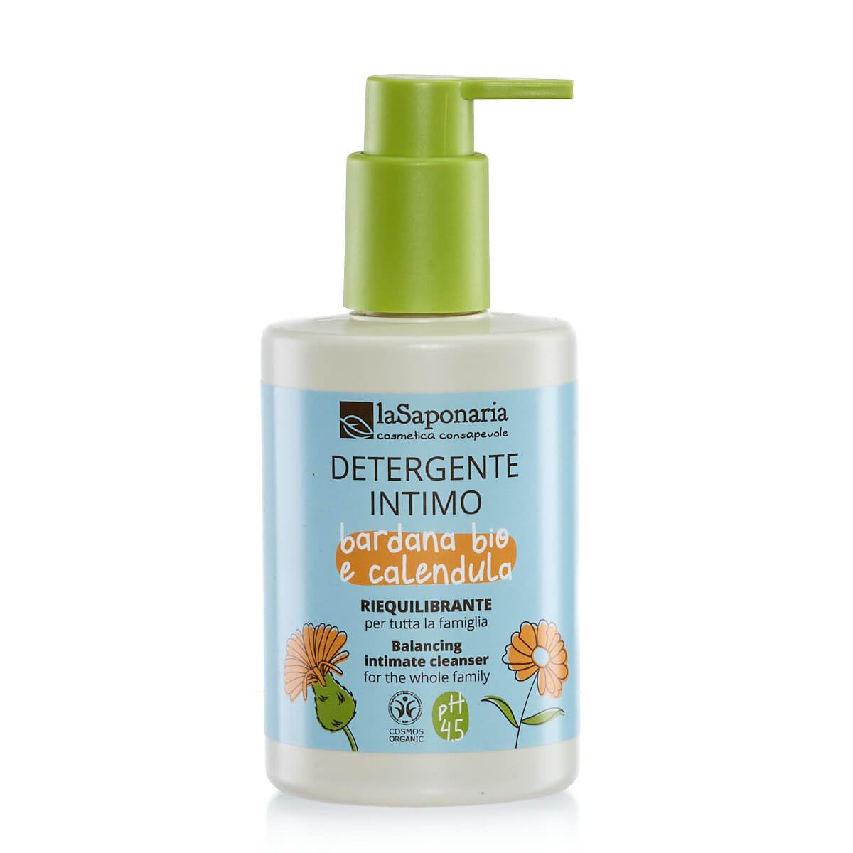 La Saponaria | Detergente Intimo Riequilibrante con Bardana Bio e Calendula, Naturale e Delicato pH 4.5, Ideale per Tutta la Famiglia – Dermatologicamente Testato e Adatto anche per gravidanza, 250 ml