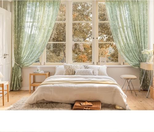 Image of BFAM Sheer Curtain with Floral Print, Premium Printed Sheer Drapes, Eyelet /Grommet Curtain for Living Room, Bedroom, Light Filtering Curtains, Green Floral 5 Feet,Pack of 1 Curtain