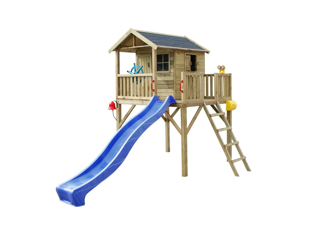 Stelzenhaus Funny XXL KDI | 285x188x303 cm | Kesseldruckimprägniertes Kiefernholz | Mit Veranda, Balkon & Blauer Rutsche | 146 cm Podest | Kinder Outdoor Spielhaus
