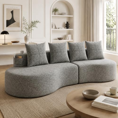 luckdect Sofá curvo de 240 cm, sofá de 4 plazas con cojines, portavasos, bolsillo lateral, sin montaje, sofá comprimido de lino, para salón y apartamento
