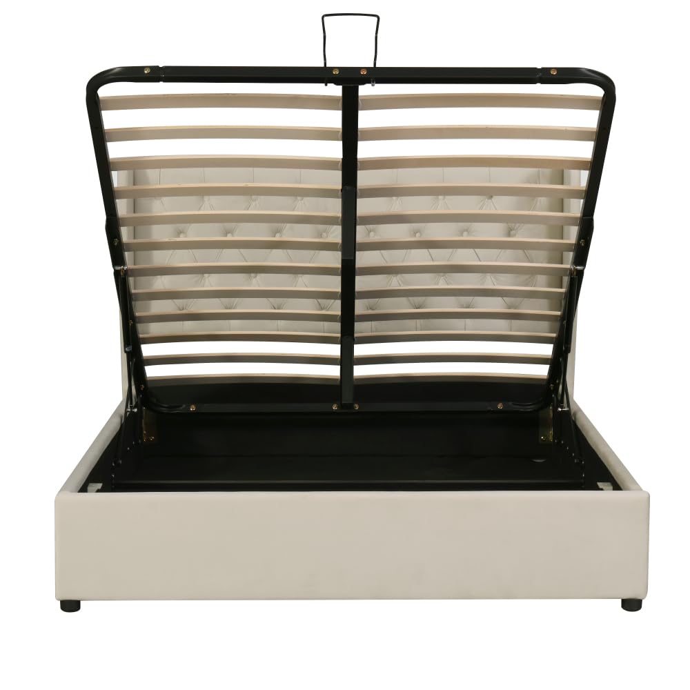 Lubvtti Cama acolchada de terciopelo con forma de oreja, cama de matrimonio con espacio de almacenamiento hidráulico, cama de matrimonio con somier de láminas (beige, 180 x 200)
