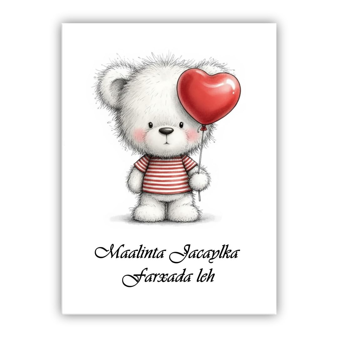 Multilingual Valentine’s Day Card – Cute Bear with Heart Balloon – Romantic Greeting Card for Husband, Wife, Boyfriend, Girlfriend (• Somali: Maalinta Jacaylka Farxada leh)
