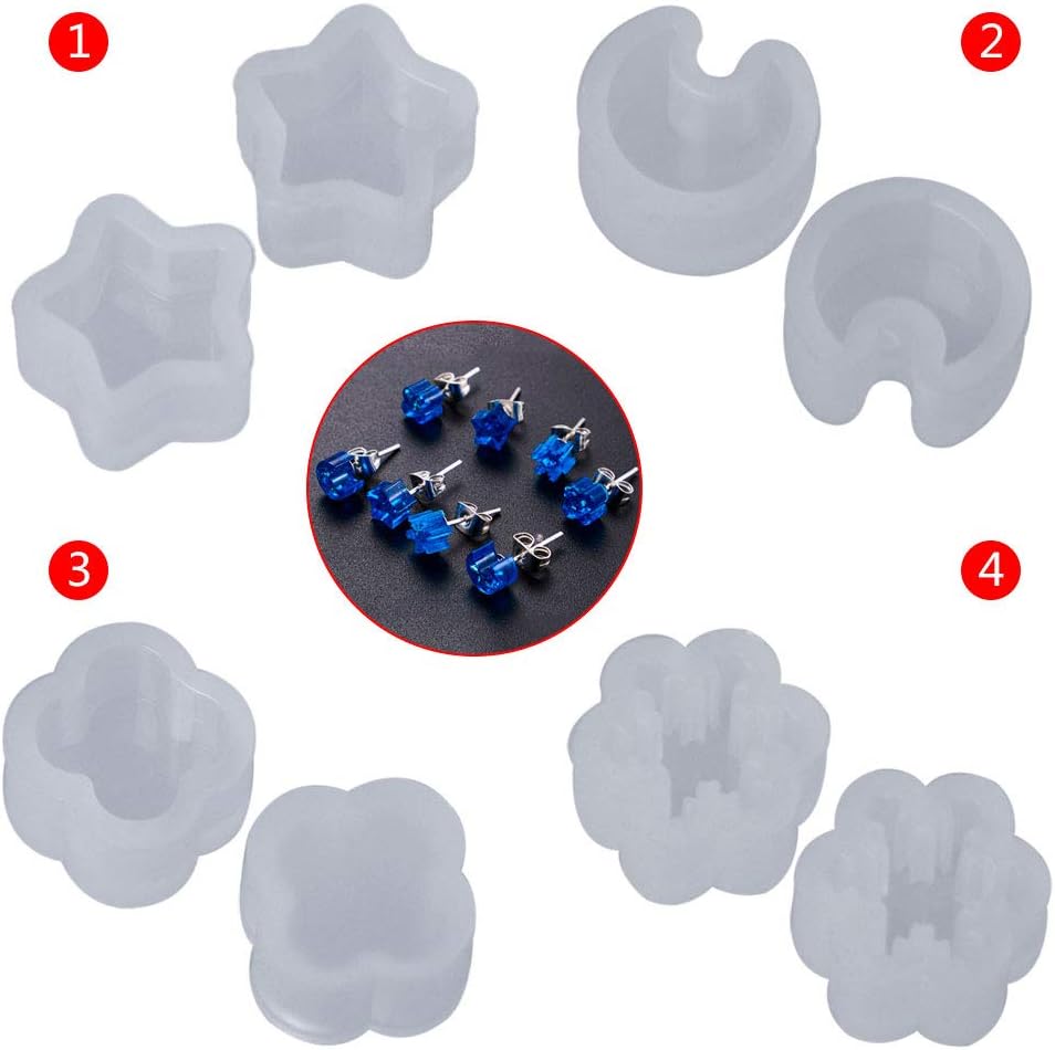 WentingZWT Resin Casting Molds 8 Pcs Silicone Mold Ear Stud DIY Jewelry Making Snowflake Moon Star Flower Shape Mini Small Molds Epoxy Resin Crafts Tools Earrings Decoration Handmade Craft Gifts