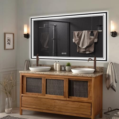 Image of 60x40 Inch LED Bathroom Mirror with Frontlit & Backlit(Independent Control), Lighted Mirror for Bathroom Wall with 3-Color Dimmable & Anti-Fog, Vanity Mirror with Lights