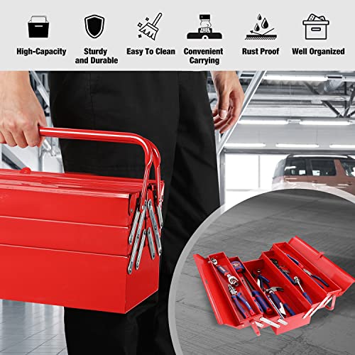 Image of WORKPRO Metal Tool Box, 18-inch Cantilever Folding Red Storage Box, 3-Layer 5-Tray Multi-Function Tool Organizer, Red