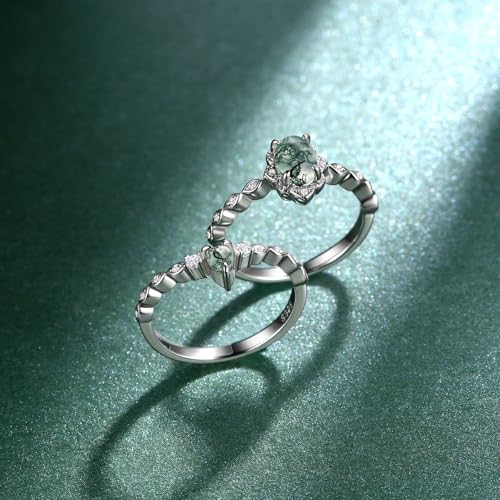 Moss Agate Engagement Ring Set - 925 Sterling Silver Wedding Promise Ring - Jewelry Gifts for Women Wife Valentine's Day Christmas2