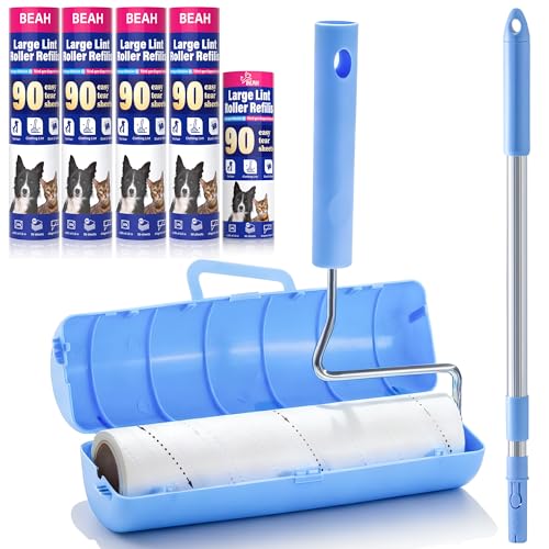 BEAH Large Lint Roller for Pet Hair Extra Sticky 9.45Pet Hair Removal Tool Roller for Pet Dog Cat Hair (1 Roller+4 Long Rolls 1 Short roll)