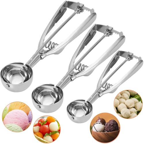 Stainless Steel Ice Scoop, Cookie Scoop Set 3 Specifications 4 cm 5 cm 6 cm, Reusable Ice Cream Spoon for Pastry, Ice Cream, Melon Balls, Meat, Cakes, Biscuits, Rice, Sorbets