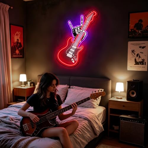 Image of PSPCBS Rock Hand Guitar Neon Sign, Electric Guitar LED Neon Light, USB Powered Dimmable Rock Music Wall Decor for Music Studio, Man Cave, Home Bar, Band Room, Gifts for Guitar Players
